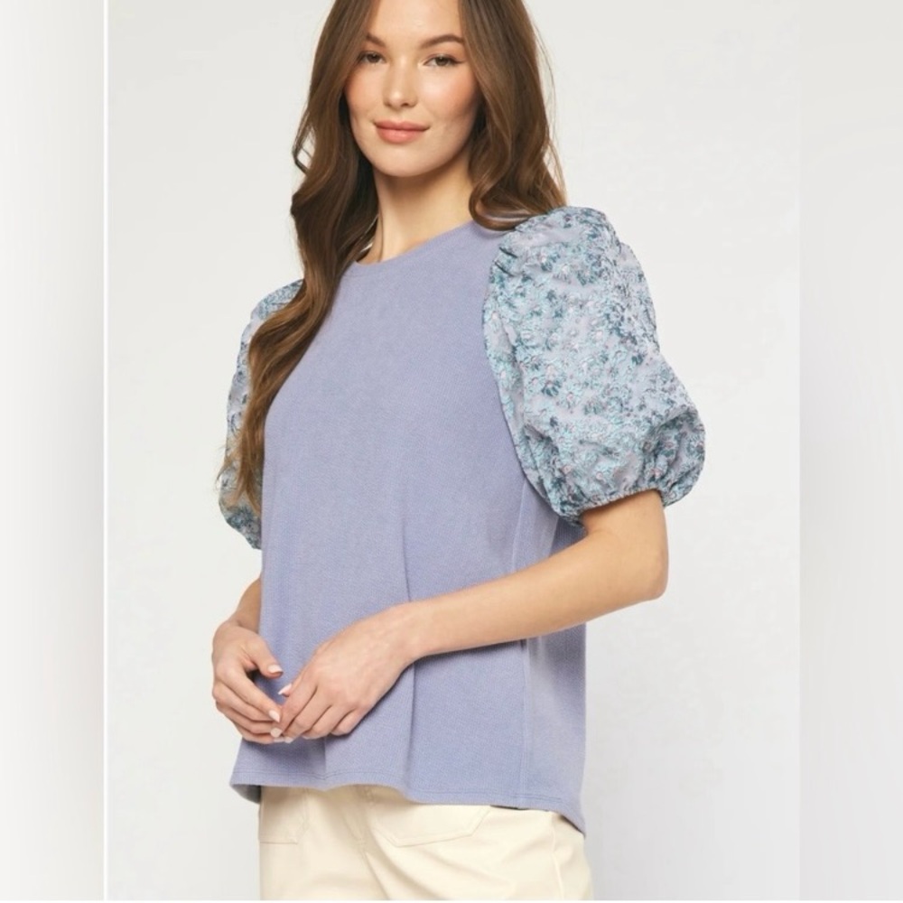 Entro Gray Mixed Media Top with Floral Embroidered Puff Sleeves